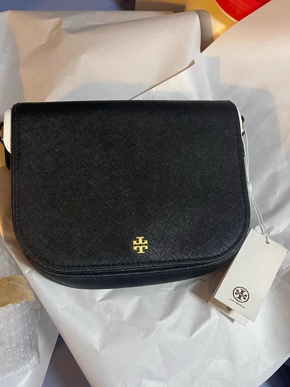 Tory Burch Black Saffiano Crossbody with Gold Logo